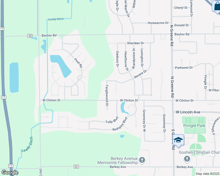 map of restaurants, bars, coffee shops, grocery stores, and more near 218 Tanglewood Drive in Goshen