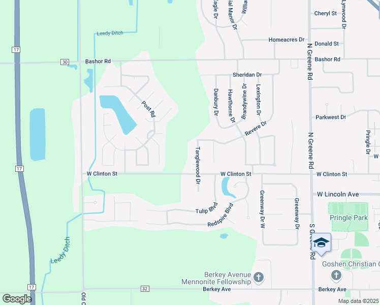 map of restaurants, bars, coffee shops, grocery stores, and more near 215 Tanglewood Drive in Goshen