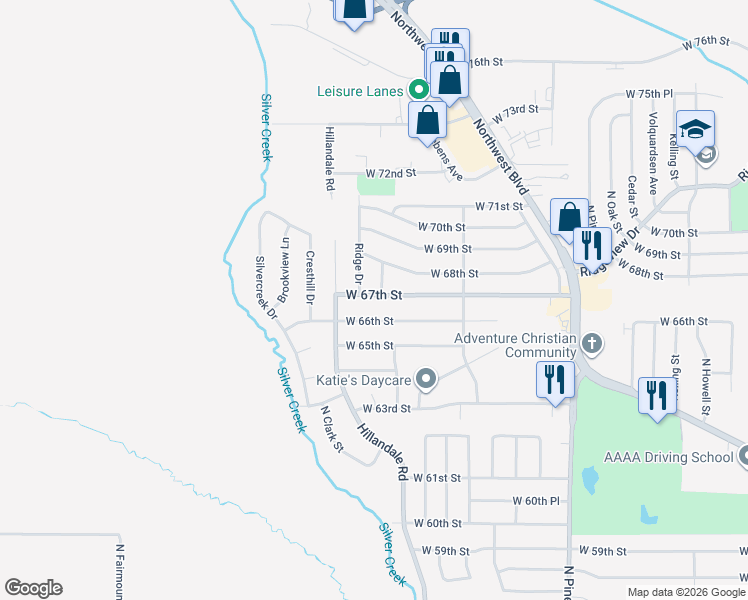 map of restaurants, bars, coffee shops, grocery stores, and more near 3107 West 67th Street in Davenport