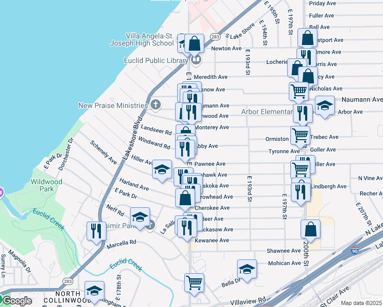 map of restaurants, bars, coffee shops, grocery stores, and more near 18519 Pawnee Avenue in Cleveland