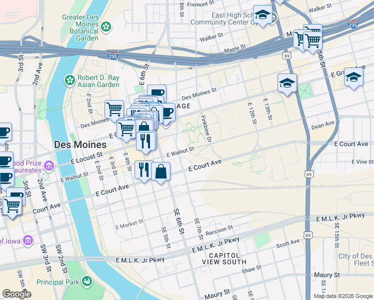 map of restaurants, bars, coffee shops, grocery stores, and more near 751 East Walnut Street in Des Moines