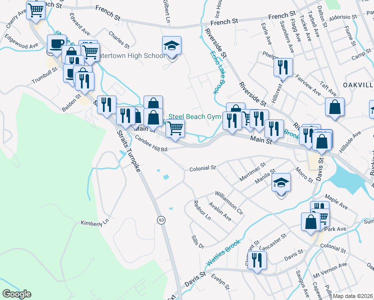 map of restaurants, bars, coffee shops, grocery stores, and more near 150 Candee Hill Road in Watertown