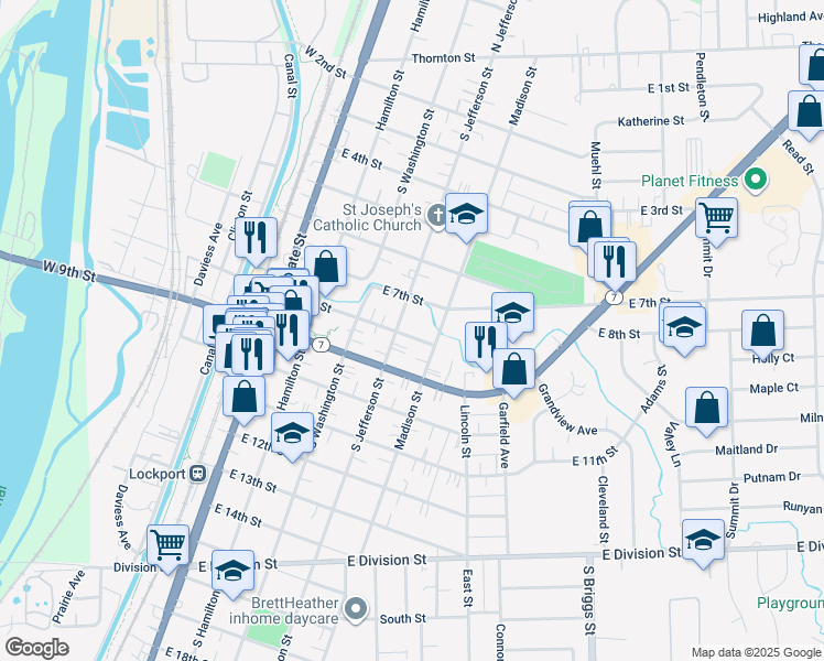 map of restaurants, bars, coffee shops, grocery stores, and more near 410 East 8th Street in Lockport