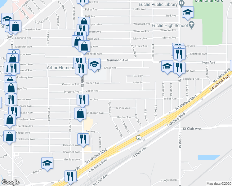 map of restaurants, bars, coffee shops, grocery stores, and more near 20750 Goller Avenue in Euclid