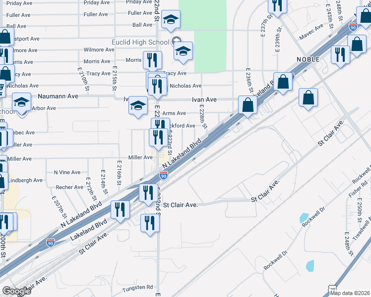 map of restaurants, bars, coffee shops, grocery stores, and more near 970 East 224th Street in Euclid