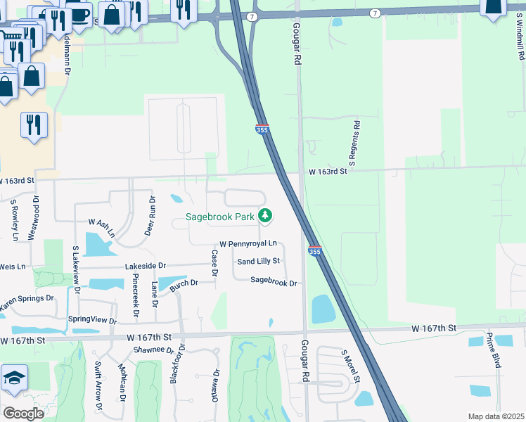 map of restaurants, bars, coffee shops, grocery stores, and more near 16024 West Coneflower Drive in Lockport