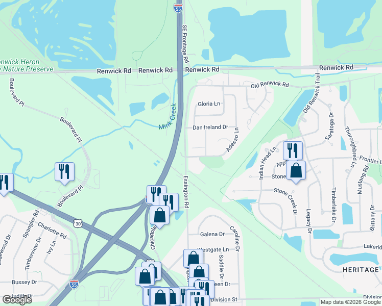 map of restaurants, bars, coffee shops, grocery stores, and more near 3124 Hillary Court in Joliet