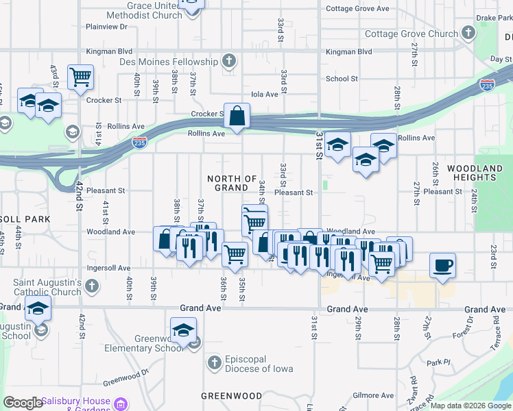 map of restaurants, bars, coffee shops, grocery stores, and more near 667 34th Street in Des Moines