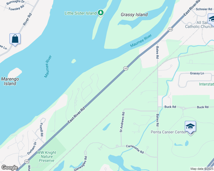 map of restaurants, bars, coffee shops, grocery stores, and more near 30357 East River Road in Perrysburg