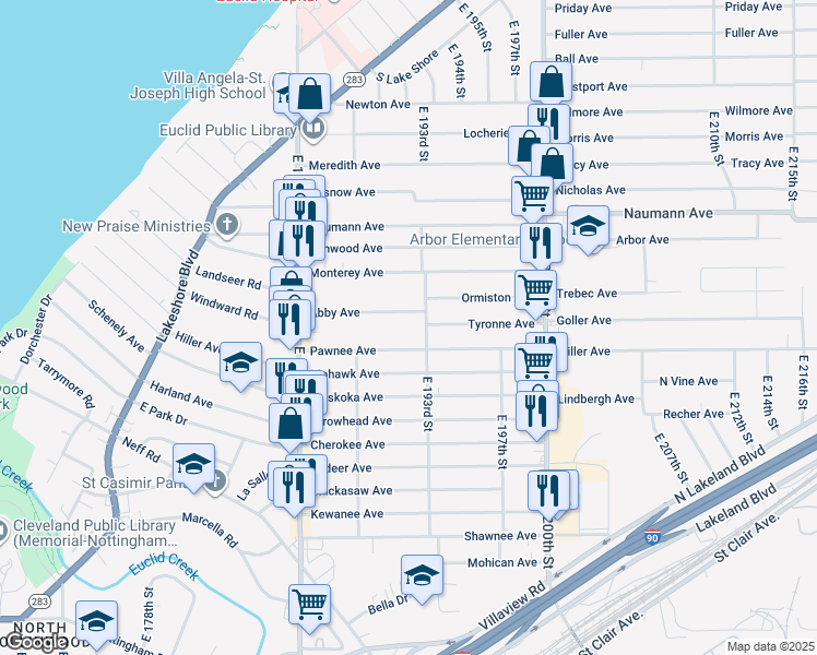 map of restaurants, bars, coffee shops, grocery stores, and more near 19013 Pawnee Avenue in Cleveland