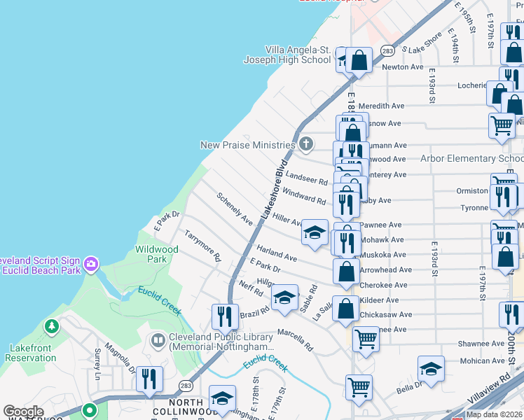 map of restaurants, bars, coffee shops, grocery stores, and more near 18000 Hiller Avenue in Cleveland