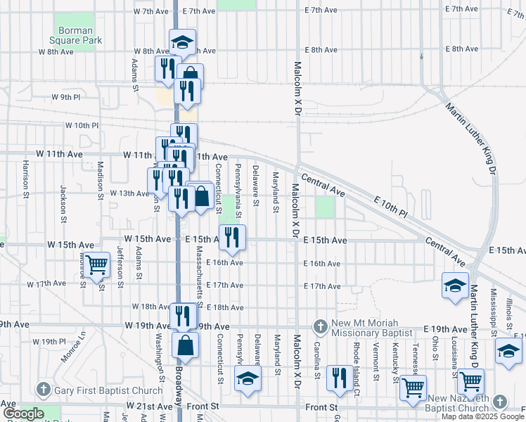 map of restaurants, bars, coffee shops, grocery stores, and more near 1400 Maryland St in Gary