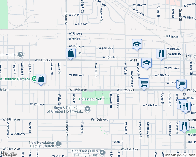 map of restaurants, bars, coffee shops, grocery stores, and more near 1337 Marshall Street in Gary