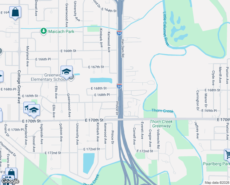 map of restaurants, bars, coffee shops, grocery stores, and more near 1309 East 168th Place in South Holland