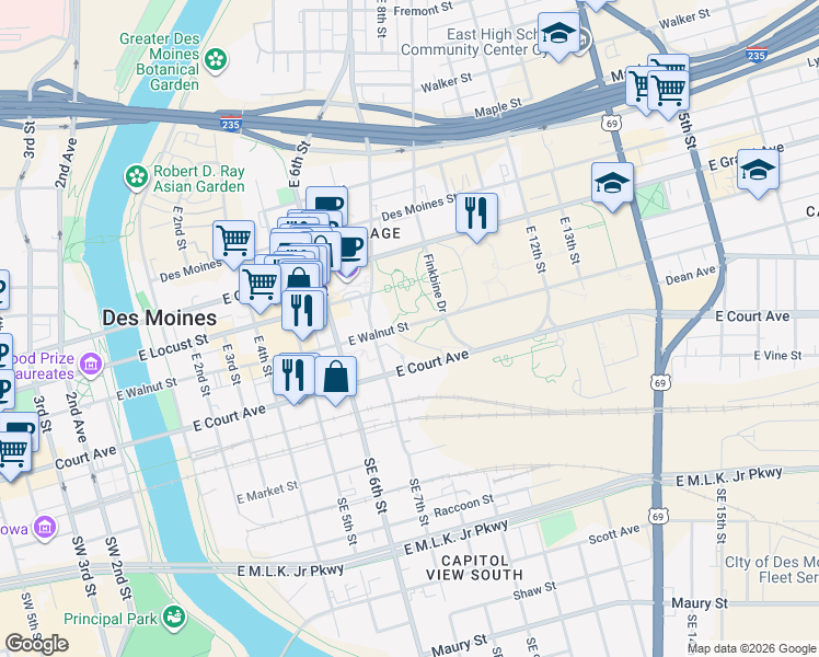map of restaurants, bars, coffee shops, grocery stores, and more near 751-899 E Walnut St in Des Moines