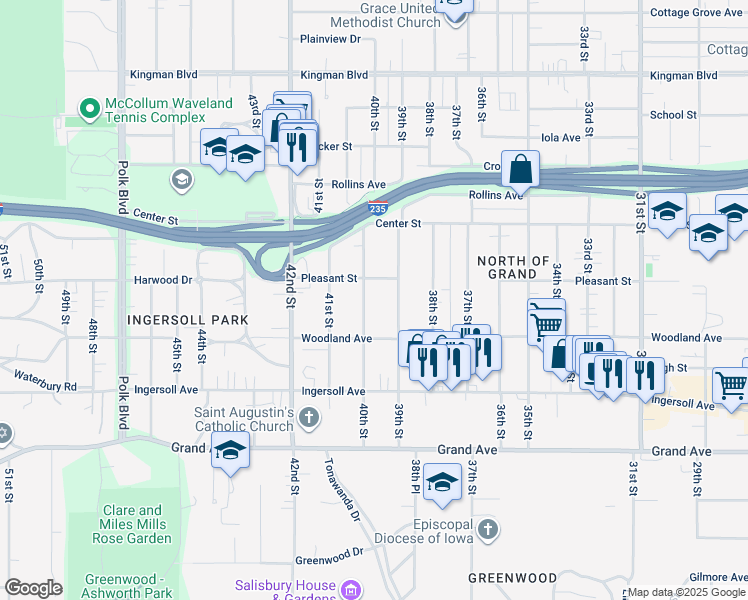 map of restaurants, bars, coffee shops, grocery stores, and more near 667 40th Street in Des Moines