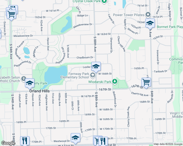 map of restaurants, bars, coffee shops, grocery stores, and more near 16630 South 88th Avenue in Orland Park