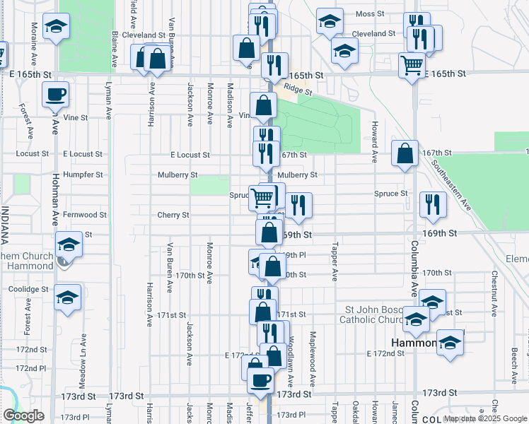 map of restaurants, bars, coffee shops, grocery stores, and more near 730 Cherry Street in Hammond