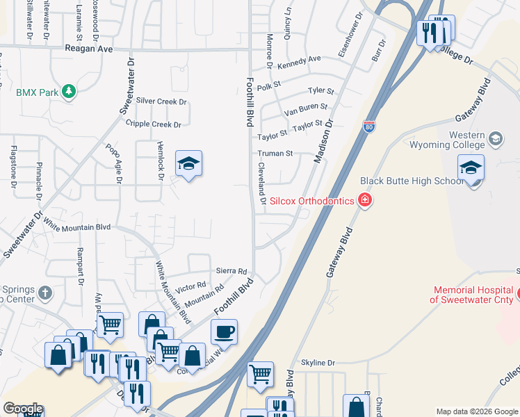 map of restaurants, bars, coffee shops, grocery stores, and more near 1056-1070 Jackson Street in Rock Springs