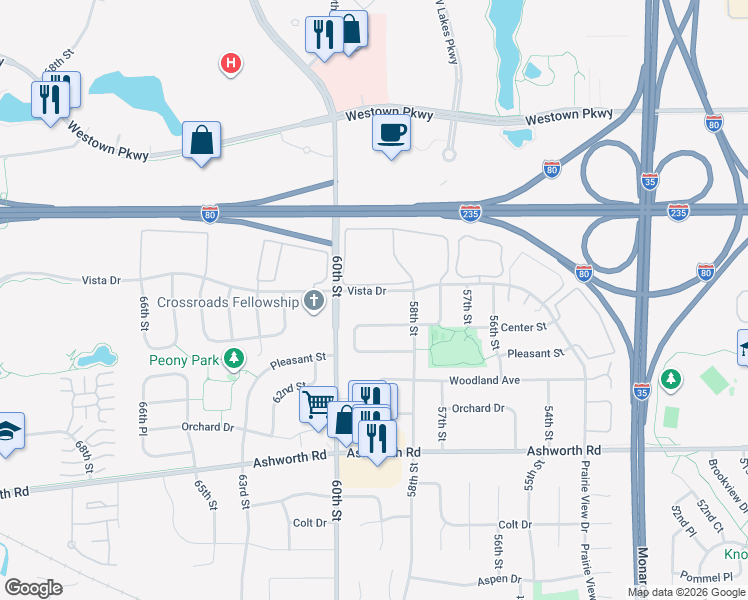 map of restaurants, bars, coffee shops, grocery stores, and more near 5832 Vista Drive in West Des Moines