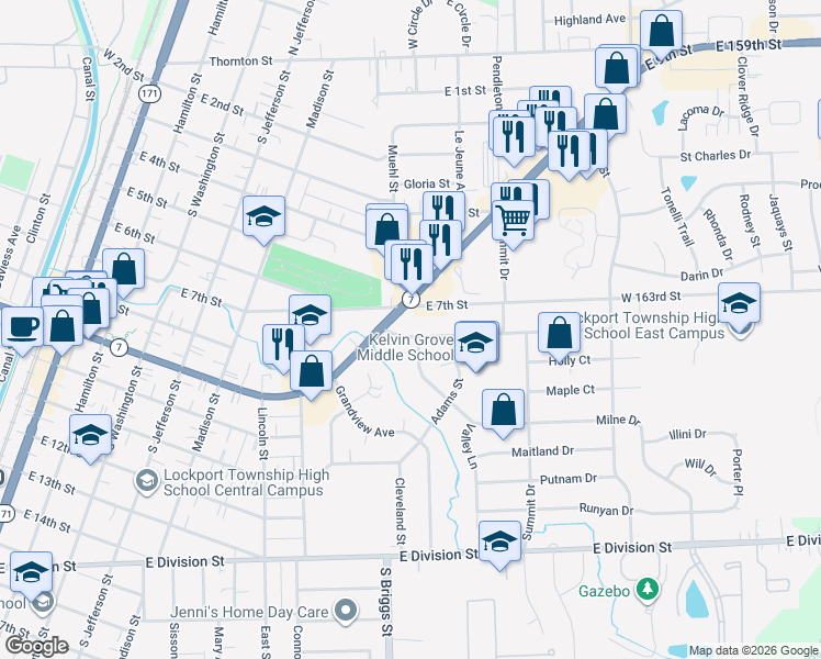 map of restaurants, bars, coffee shops, grocery stores, and more near 906 East 8th Street in Lockport