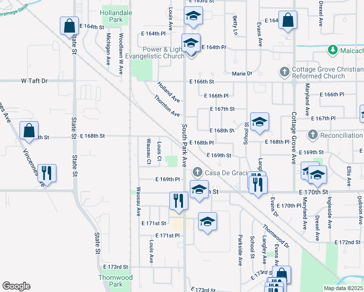 map of restaurants, bars, coffee shops, grocery stores, and more near 16800 South Park Avenue in South Holland