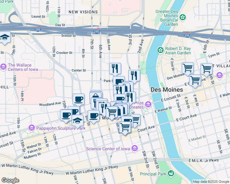 map of restaurants, bars, coffee shops, grocery stores, and more near 555 5th Avenue in Des Moines
