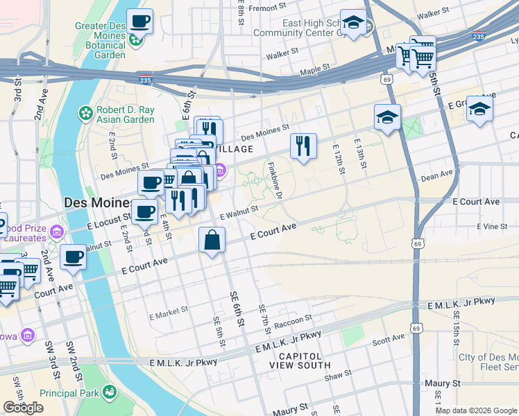 map of restaurants, bars, coffee shops, grocery stores, and more near 801 East Walnut Street in Des Moines