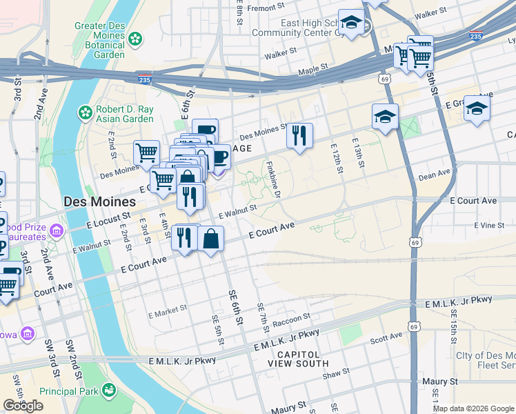 map of restaurants, bars, coffee shops, grocery stores, and more near 801 East Walnut Street in Des Moines