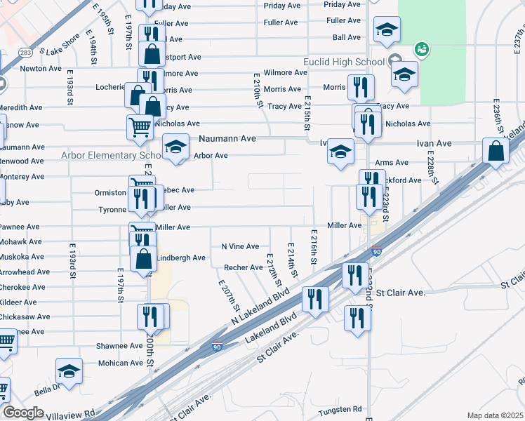 map of restaurants, bars, coffee shops, grocery stores, and more near 21128 Goller Avenue in Euclid