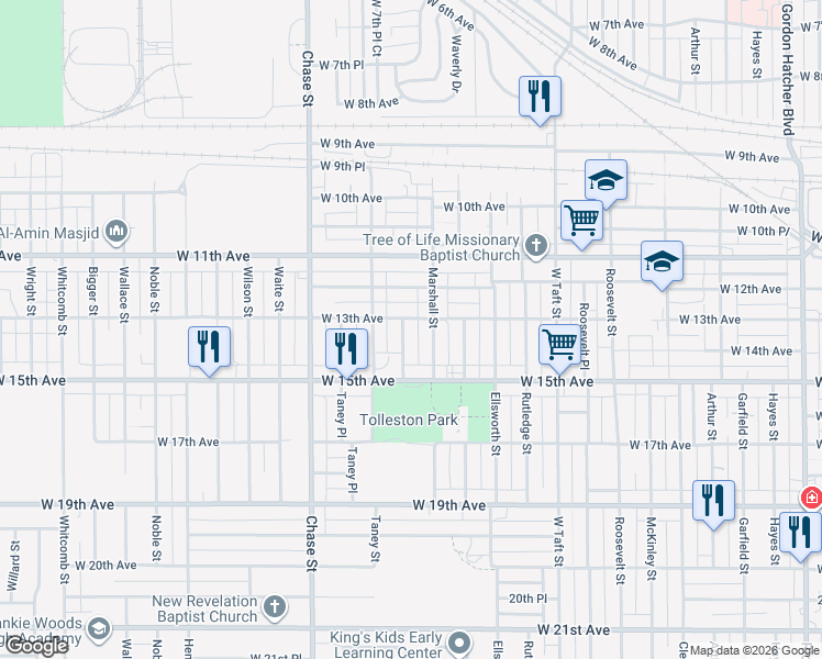 map of restaurants, bars, coffee shops, grocery stores, and more near 1327 Marshall Place in Gary