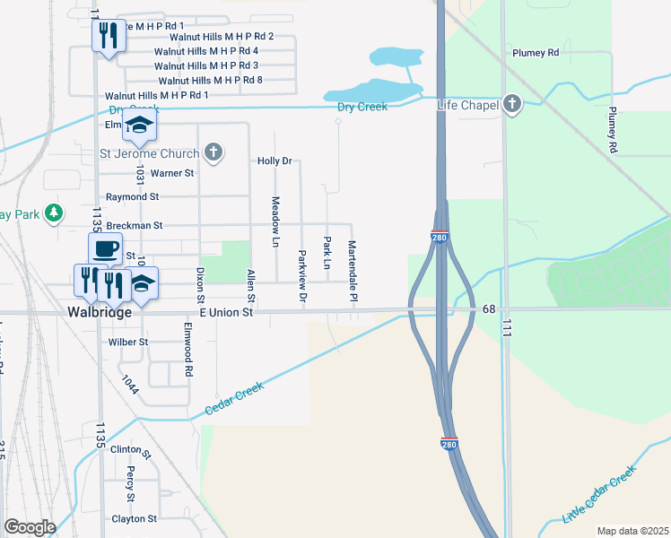 map of restaurants, bars, coffee shops, grocery stores, and more near 201 Park Lane in Walbridge