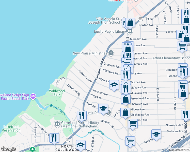 map of restaurants, bars, coffee shops, grocery stores, and more near 18009 Lake Shore Boulevard in Cleveland