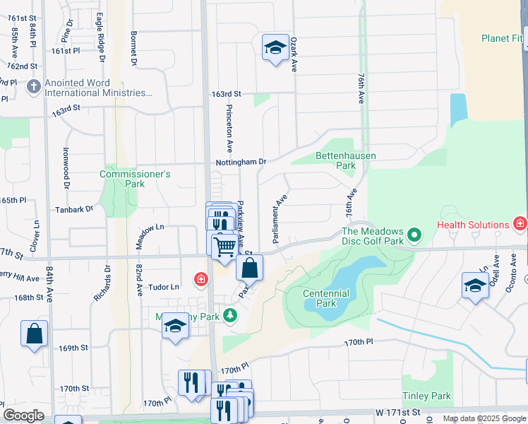 map of restaurants, bars, coffee shops, grocery stores, and more near 16625 Paxton Avenue in Tinley Park