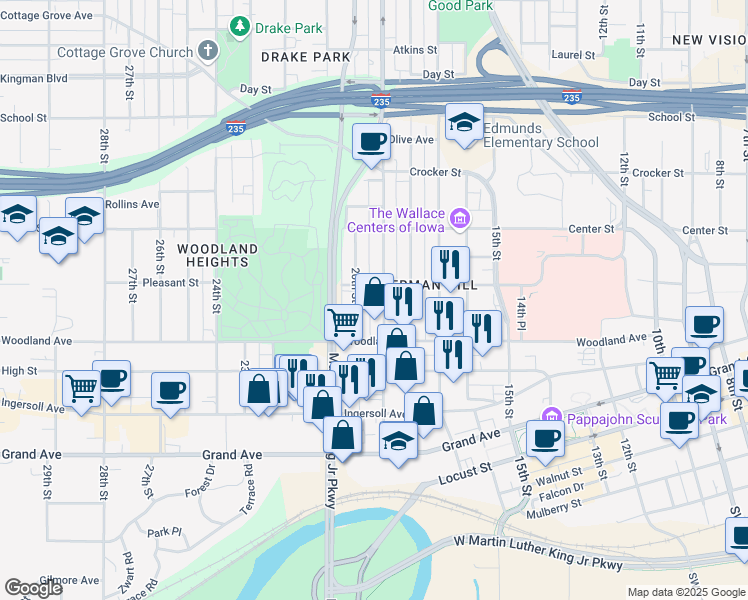 map of restaurants, bars, coffee shops, grocery stores, and more near 673 20th Street in Des Moines