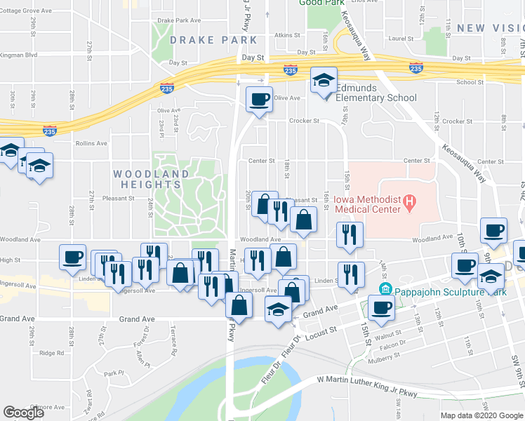 map of restaurants, bars, coffee shops, grocery stores, and more near 673 20th Street in Des Moines