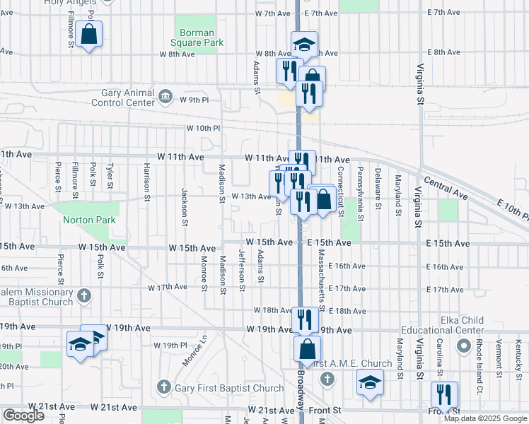 map of restaurants, bars, coffee shops, grocery stores, and more near 1349 Adams Street in Gary