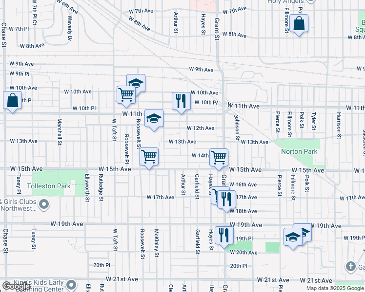 map of restaurants, bars, coffee shops, grocery stores, and more near 1332 Garfield Street in Gary