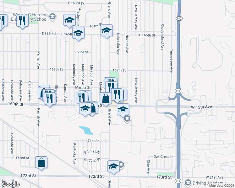 map of restaurants, bars, coffee shops, grocery stores, and more near 6832 Nebraska Avenue in Hammond