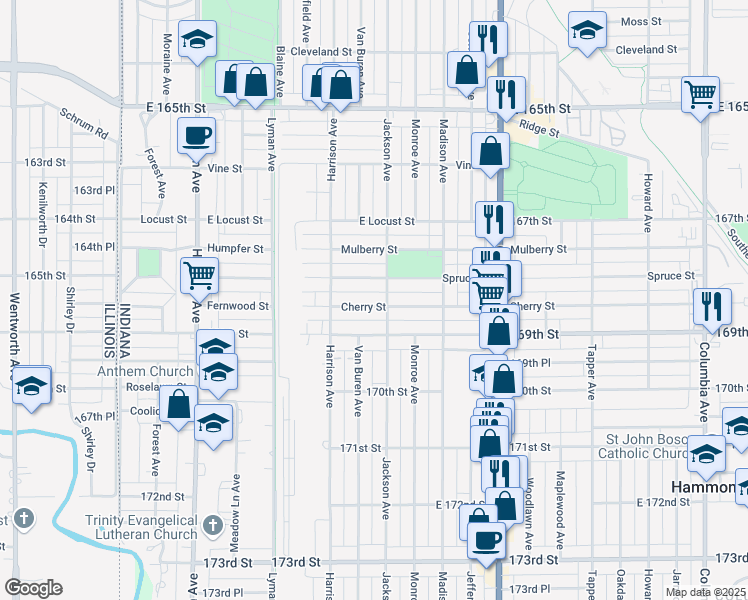 map of restaurants, bars, coffee shops, grocery stores, and more near 542 Cherry Street in Hammond