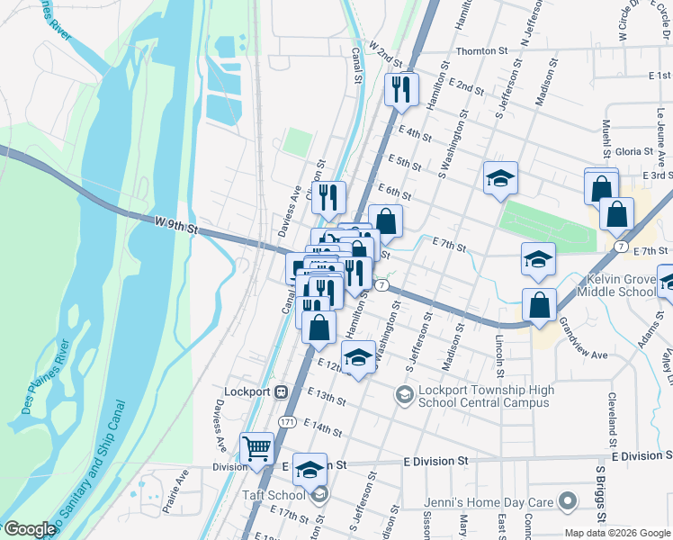 map of restaurants, bars, coffee shops, grocery stores, and more near 0 Highway 7 in Lockport