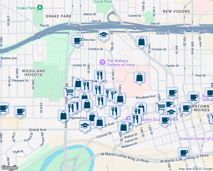 map of restaurants, bars, coffee shops, grocery stores, and more near 660 16th Street in Des Moines