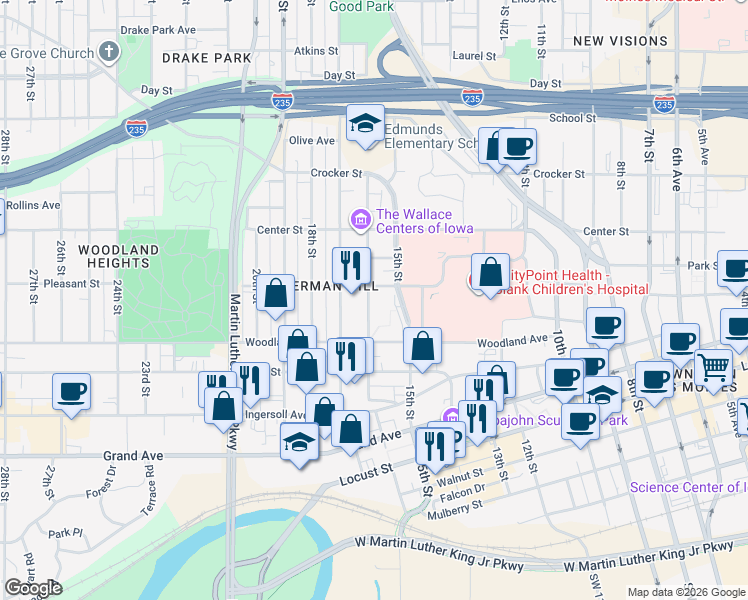 map of restaurants, bars, coffee shops, grocery stores, and more near 677 16th Street in Des Moines