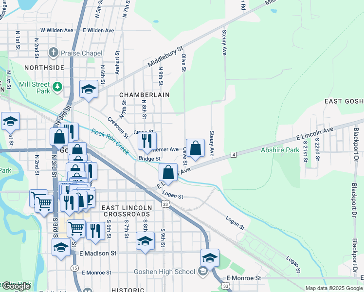 map of restaurants, bars, coffee shops, grocery stores, and more near 201 Olive Street in Goshen