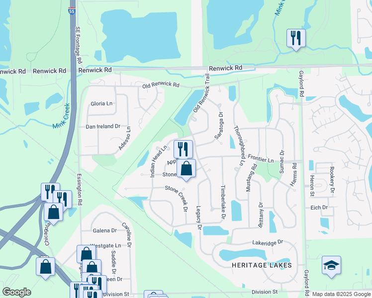 map of restaurants, bars, coffee shops, grocery stores, and more near 3704 Appaloosa Drive in Joliet