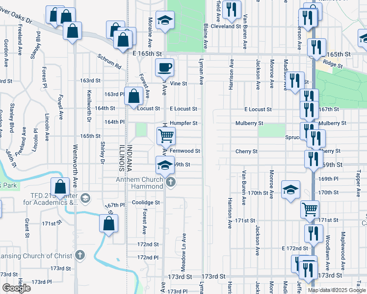 map of restaurants, bars, coffee shops, grocery stores, and more near 232-234 Fernwood Street in Hammond