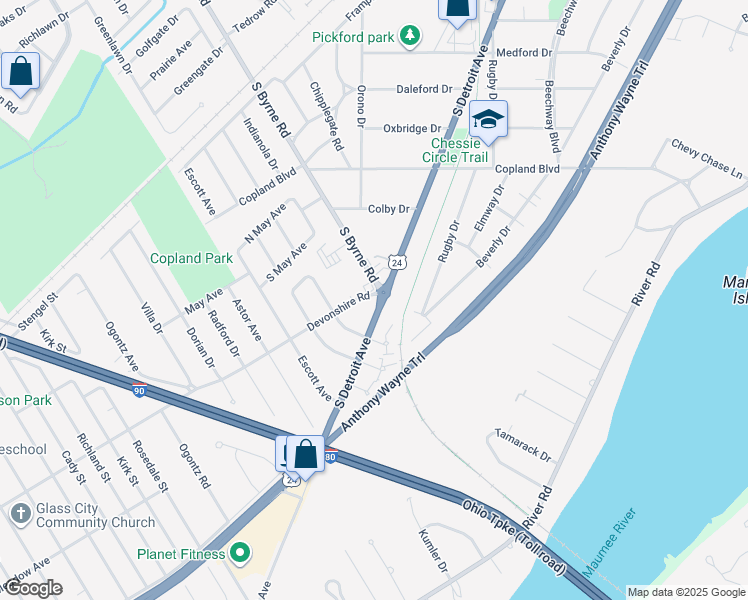 map of restaurants, bars, coffee shops, grocery stores, and more near 4504 South Detroit Avenue in Toledo