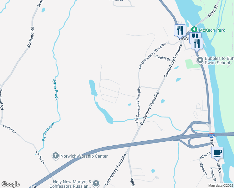 map of restaurants, bars, coffee shops, grocery stores, and more near 48 Stagecoach Drive in Norwich
