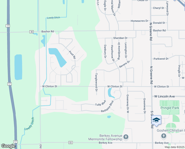 map of restaurants, bars, coffee shops, grocery stores, and more near 219 Tanglewood Drive in Goshen