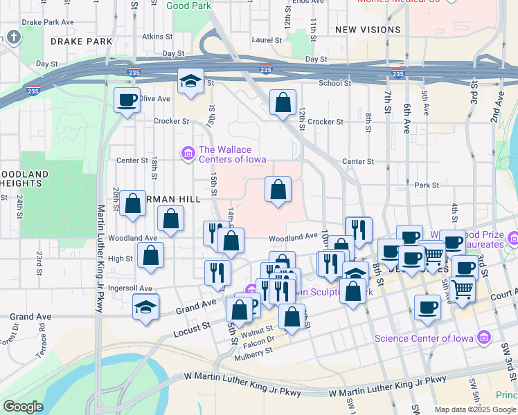 map of restaurants, bars, coffee shops, grocery stores, and more near 1212 Pleasant St in Des Moines